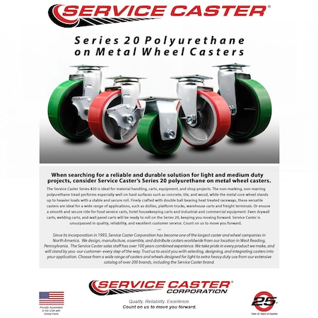 Service Caster 6 Inch Red Poly on Cast Iron Wheel Rigid Caster with Roller Bearing SCC SCC-20R620-PUR-RS